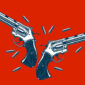 Detailed revolvers shotguns and bullets vector illustration in a classic graphic design style, two beautiful gun drawing over red background.
