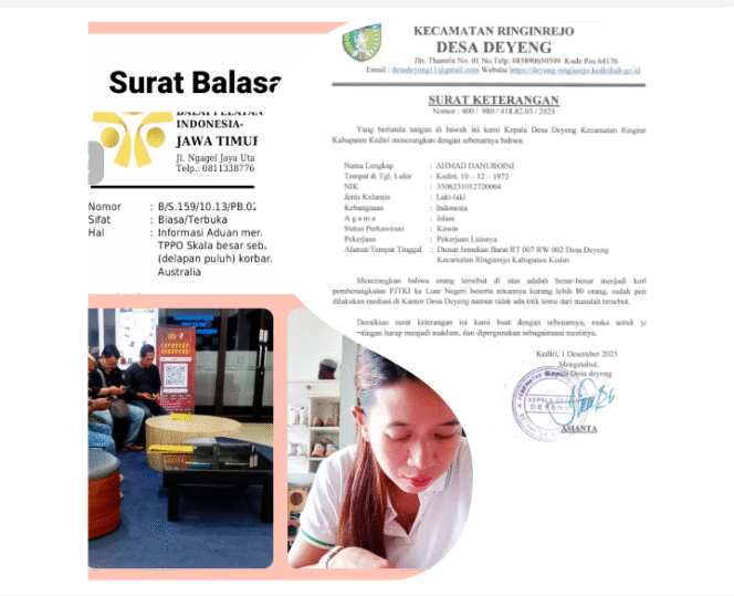 
					Korban Dugaan TPP0 Skala Besar, Tujuan Australia Datangi polres Kediri.