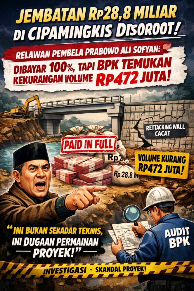 
					Proyek Strategis Pembangunan Jembatan dan Dinding Penahan Tanah di Cibarusah Memicu Tanda Tanya Setelah Audit Menemukan Selisih Volume Pekerjaan Ratusan Juta Rupiah.