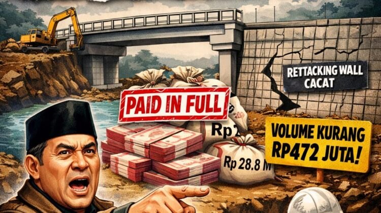 Proyek Strategis Pembangunan Jembatan dan Dinding Penahan Tanah di Cibarusah Memicu Tanda Tanya Setelah Audit Menemukan Selisih Volume Pekerjaan Ratusan Juta Rupiah.