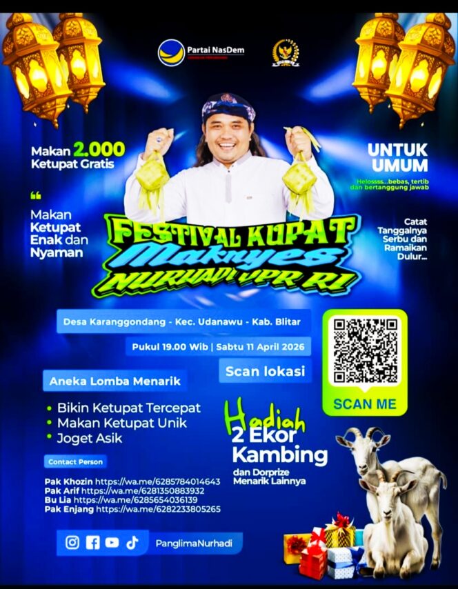 
					DPR-RI Fraksi Nasdem, NURHADI Gelar Festival Makan 2000 Ketupat Mak’nyesss, Berhadiah Kambing.