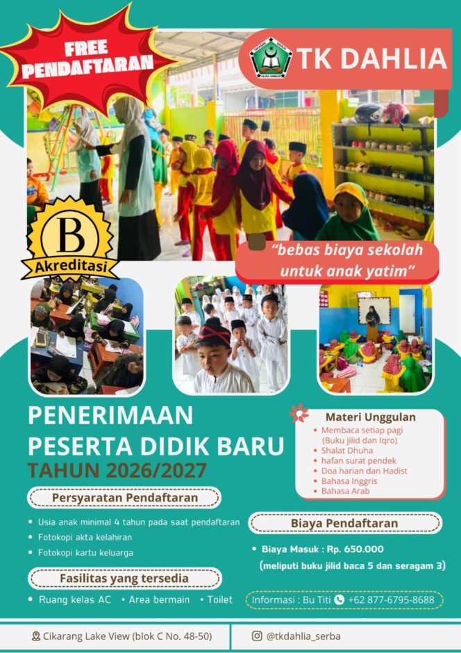
					TK Dahlia Buka SPMB Tahun Ajaran 2026/2027, Siapkan Generasi Berbudi dan Cerdas Sejak Dini