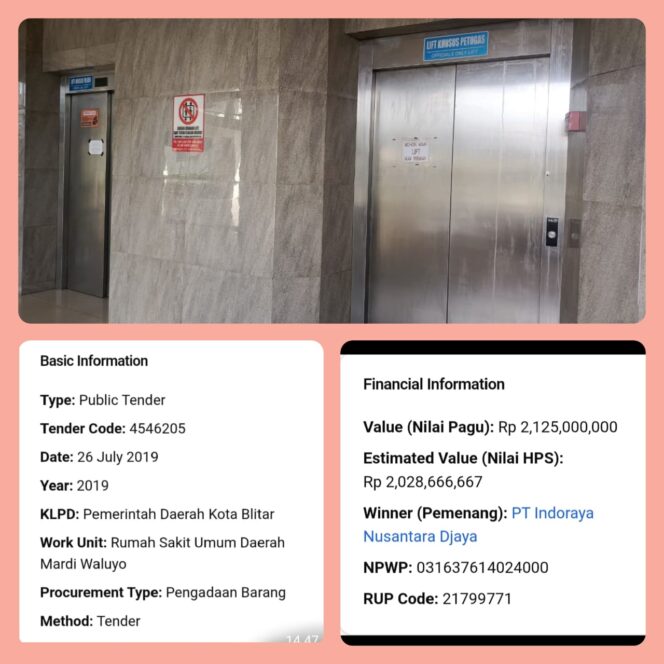 
					Lift RSUD Mardiwaloyo Senilai Rp 2 Miliar Tak Berfungsi, Sejak Tahun 2019 Diduga Tetap Serap Anggaran Perawatan
