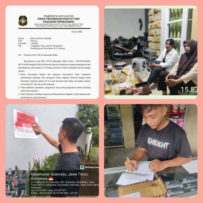 
					Pembangunan Perumahan RGG, Manggada Land di Jalan Pinang Kota Blitar Tanpa Izin, Disperkim Koordinasi Lintas Instansi